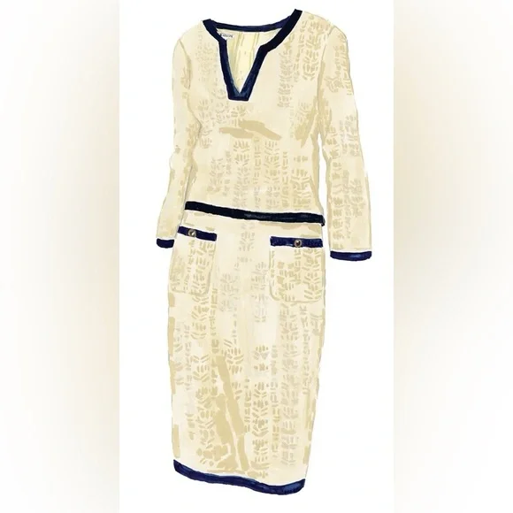 J. Peterman Vivienne Pointelle Cotton Suit Set Cream Navy Trim Skirt Top XS/S - Picture 2 of 16